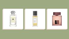 Collage of three of the perfumes with patchouli featured in this guide from Jo Malone London, Sana Jardin, and Tom Ford 