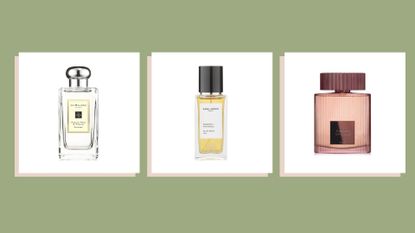 Collage of three of the perfumes with patchouli featured in this guide from Jo Malone London, Sana Jardin, and Tom Ford 