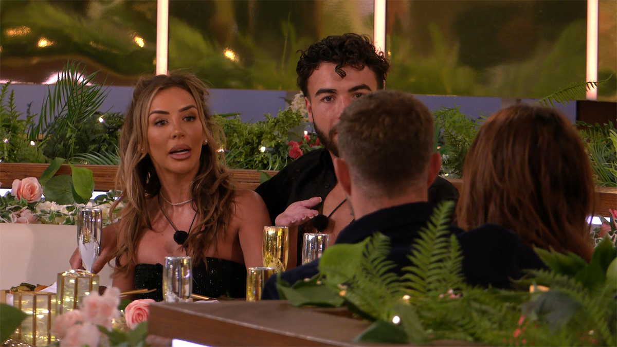 Elma and Sammy arguing with Curtis and Ekin-Su at the dinner party in Love Island All Stars Season 2