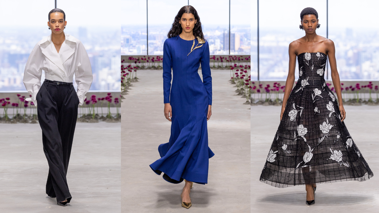 A collage of three runway looks from Carolina Herrera.