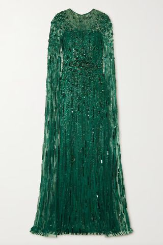 Jenny Packham Cape-effect sequined tulle gown