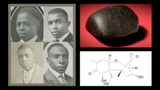 left, four old photographs of young Black men; right top, round black rock; right bottom, stick drawing of a chemical
