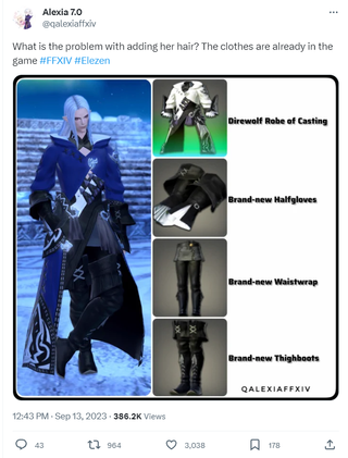 The post reads: What is the problem with adding her hair? The clothes are already in the game #FFXIV #Elezen. After the post is an image demonstrating an outfit one can make with items already in the game.