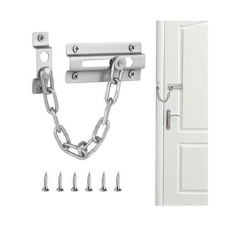 Stainless steel door chain with screws and a picture of a door