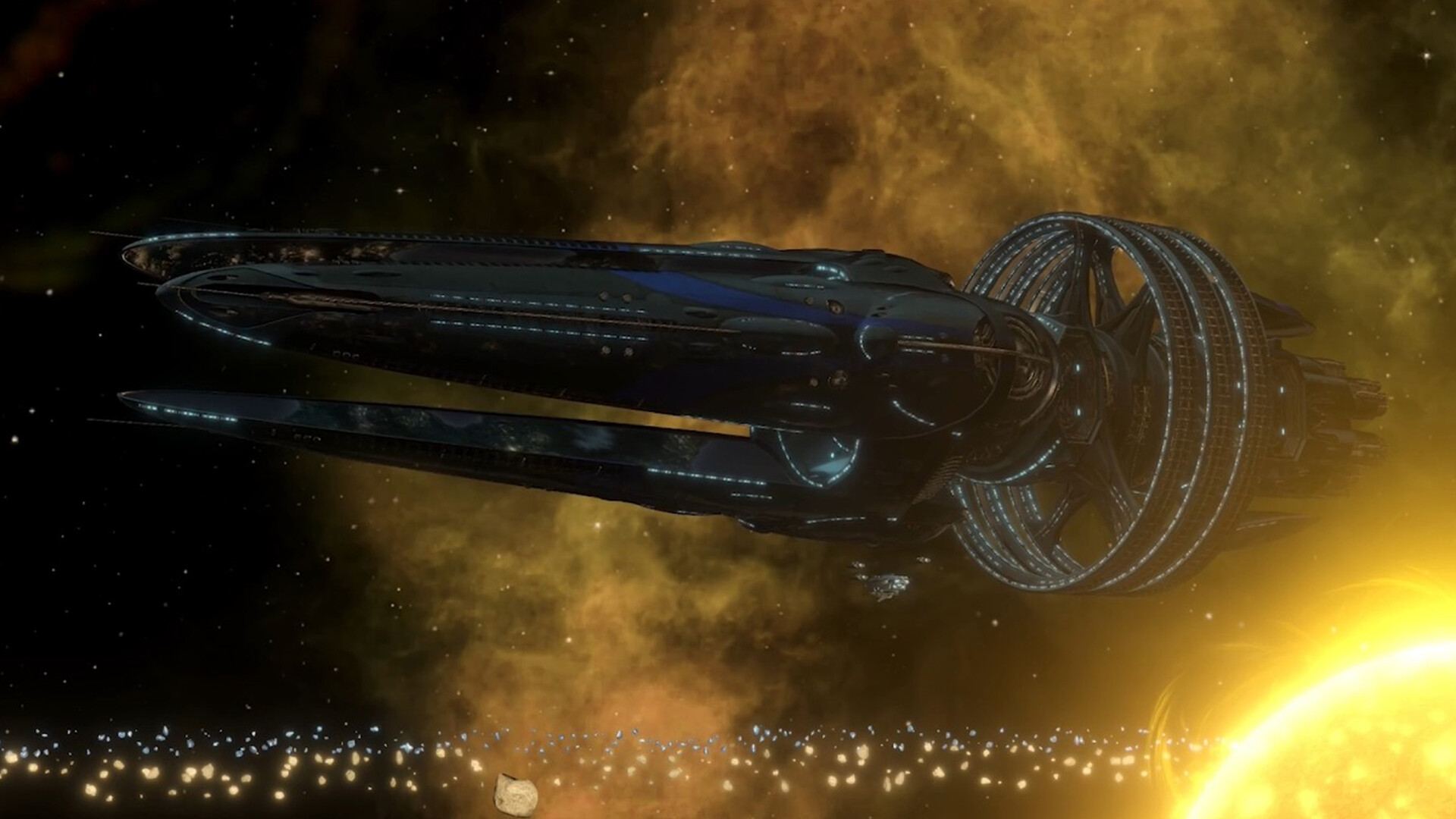 A colony ship flies away from a star above a field of space debris