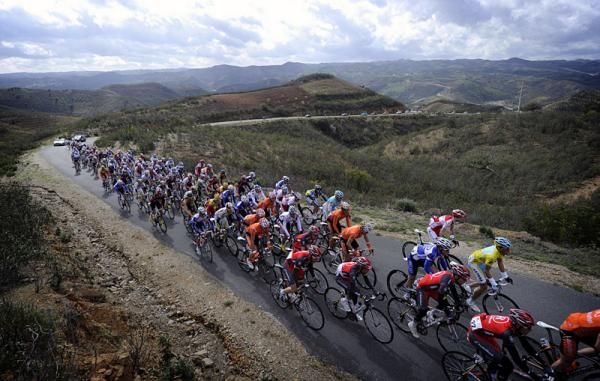 Race leader Alberto Contador (Astana) rides near the front of the peloton.