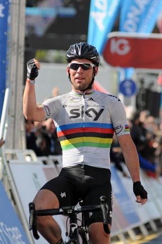 Mark Cavendish (Sky) celebrates his victory in stage 3 at the Tour of Britain.