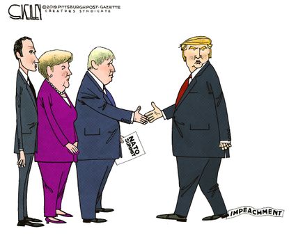Political Cartoon U.S. NATO Summit Trump Impeachment Toilet Paper Trail