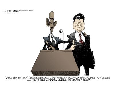 Obama cartoon climate change agreement China spy
