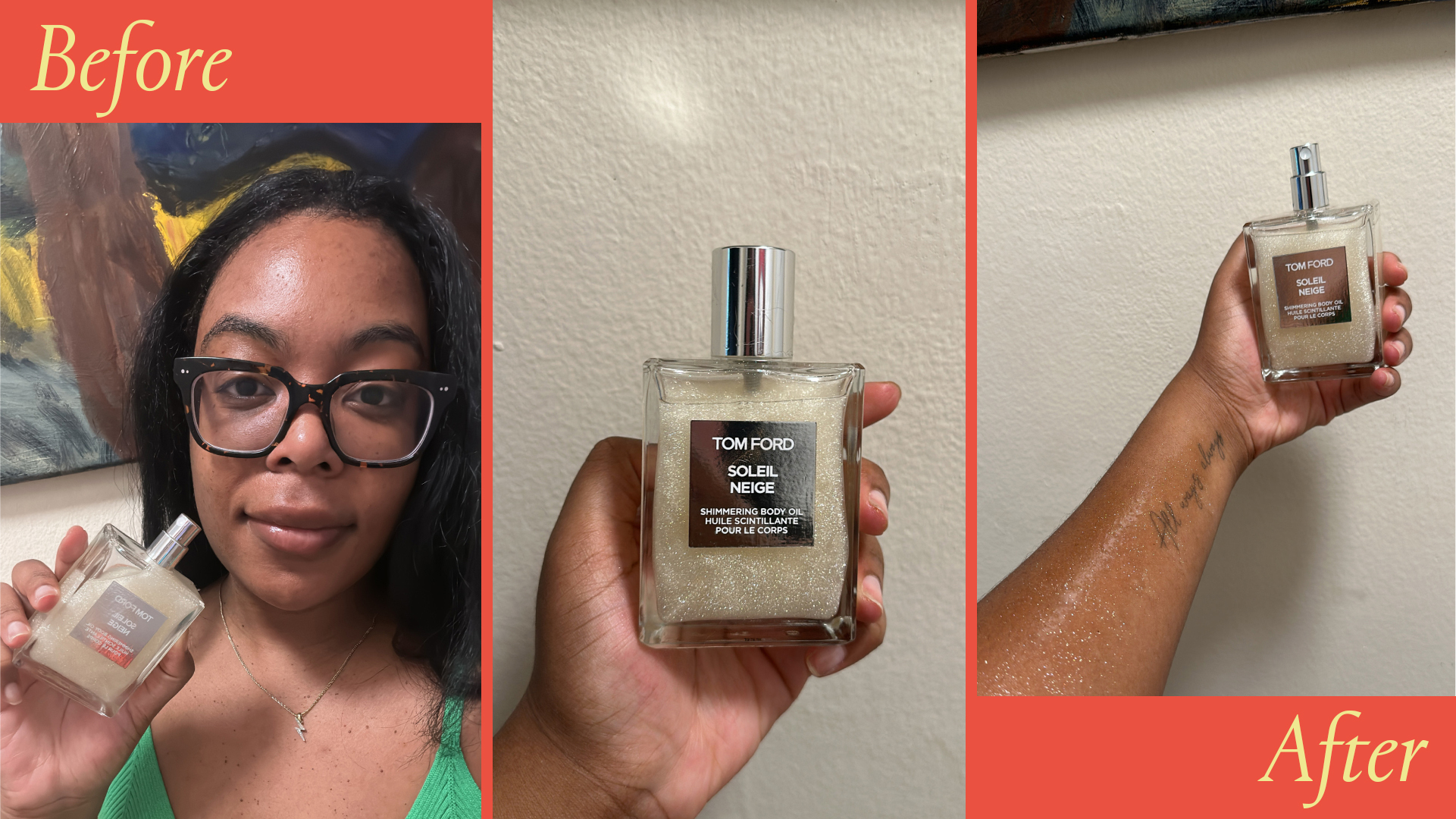 Ariel Baker testing Tom Ford Soleil Neige Shimmering Body Oil.