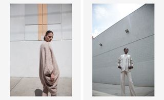 Two Images- Left- Model wears light coloured baggy all in one, Right- Model wears trousers and top