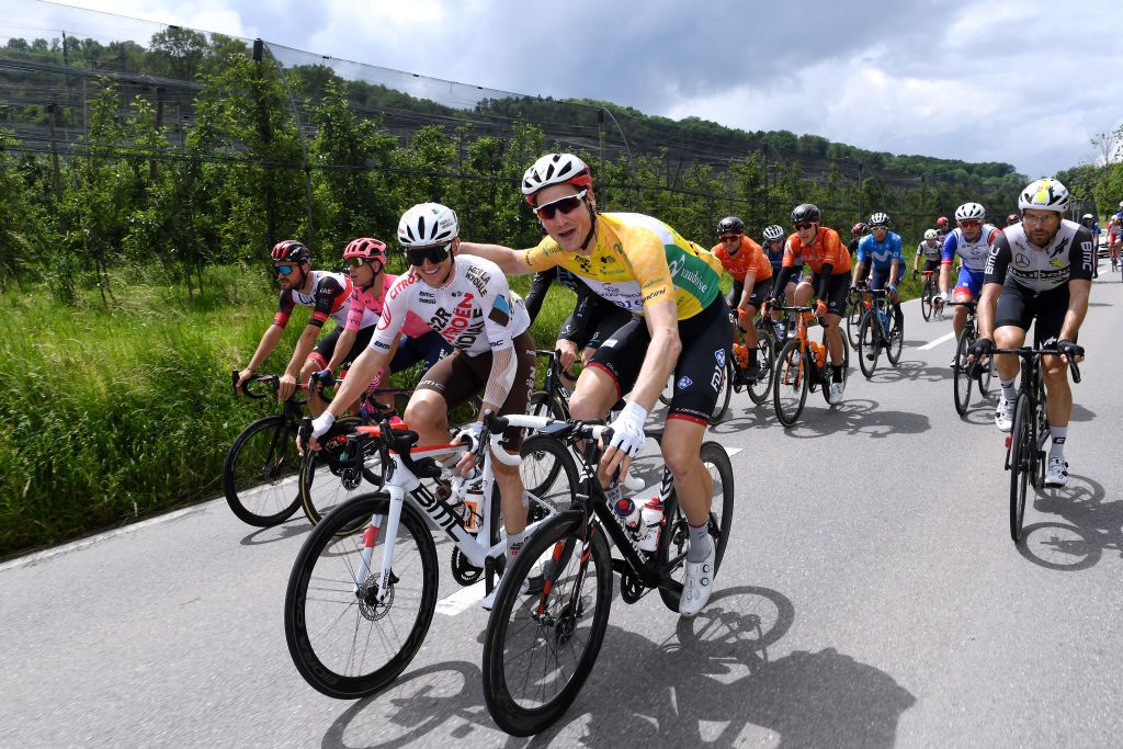 LACHEN SWITZERLAND JUNE 07 Oliviero Troia of Italy and UAE Team Emirates Rigoberto Uran Uran of Colombia and Team EF Education Nippo Mathias Frank of Switzerland and AG2R Citren Team Stefan Kng of Switzerland and Team Groupama FDJ Yellow Leader Jersey during the 84th Tour de Suisse 2021 Stage 2 a 178km stage from Neuhausen am Rheinfall to Lachen UCIworldtour tds tourdesuisse on June 07 2021 in Lachen Switzerland Photo by Tim de WaeleGetty Images