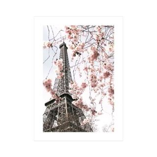 A wall art print with a picture of the Eiffel Tower and a cherry blossom cluster in front of it