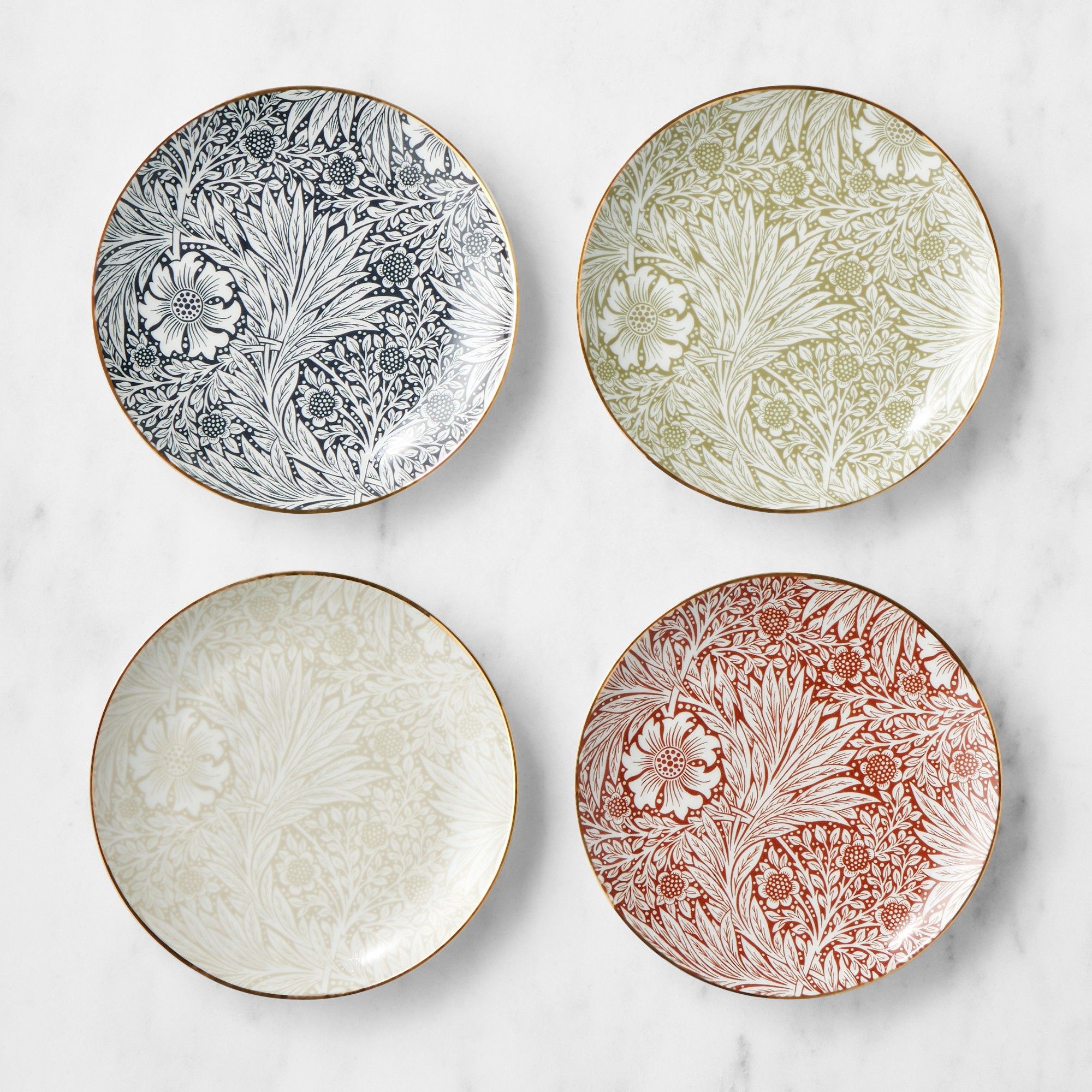 Mixed appetizer plates with William Morris floral prints and gold trim