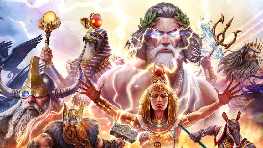 Promotional art for Age of Mythology Retold, featuring several gods from the ages of mythologies past arranged in battle poses, prepared for war.