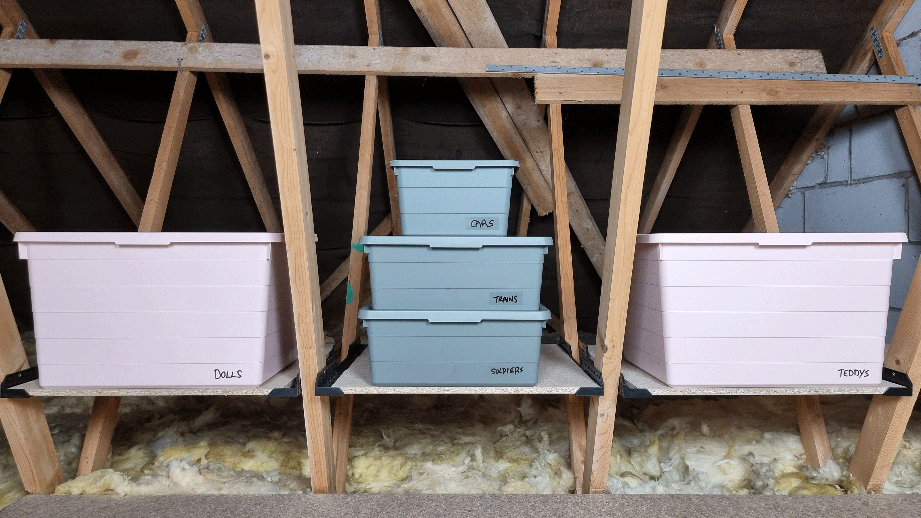 Loft with storage boxes stacked up