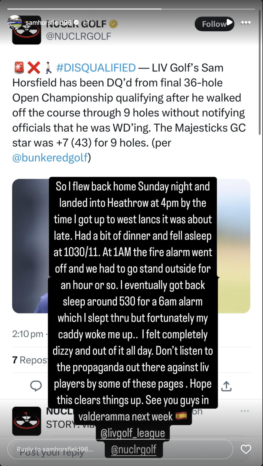 A screenshot of Sam Horsfield's Instagram story where he explains his reasons for withdrawing from Open Championship Final Qualifying in 2025