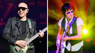 Left-Joe Satriani performs on the G3 Reunion Tour 2024 at Fox Theater on February 03, 2024 in Oakland, California; Right-Jeff Beck performs at DTE Energy Music Theater on July 31, 2018 in Clarkston, Michigan