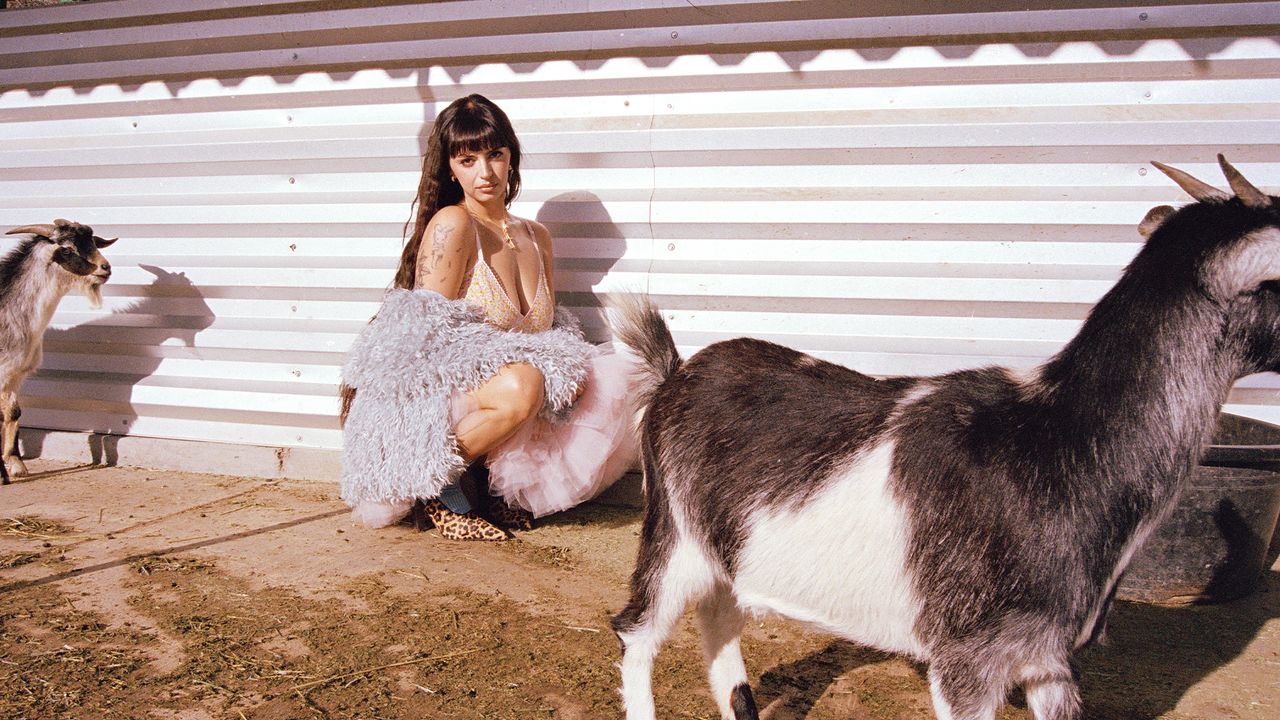 Singer Rebecca Black on a farm next to goats. She is crouched down with short bangs and her brown hair long and wavy. She is wearing a pink lace bra styled with a shaggy gray coat, a pink tutu, and leopard-print heels. 