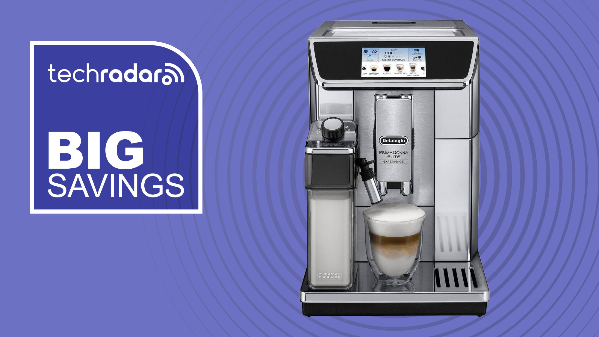 De&#039;Longhi Primadonna Elite coffee maker on purple background with white text reading &#039;TechRadar big savings&#039;