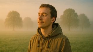 Image of man with eyes closed in orchard 