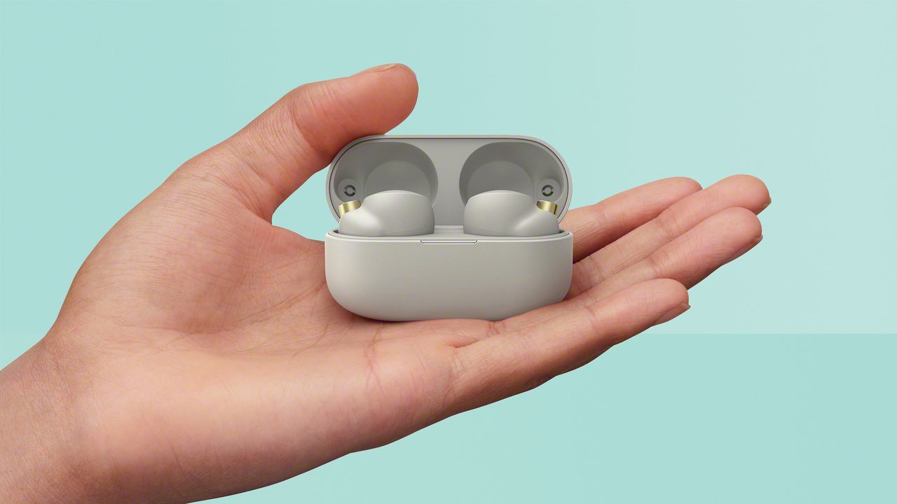 Sony true wireless headphones held in someone&#039;s hand