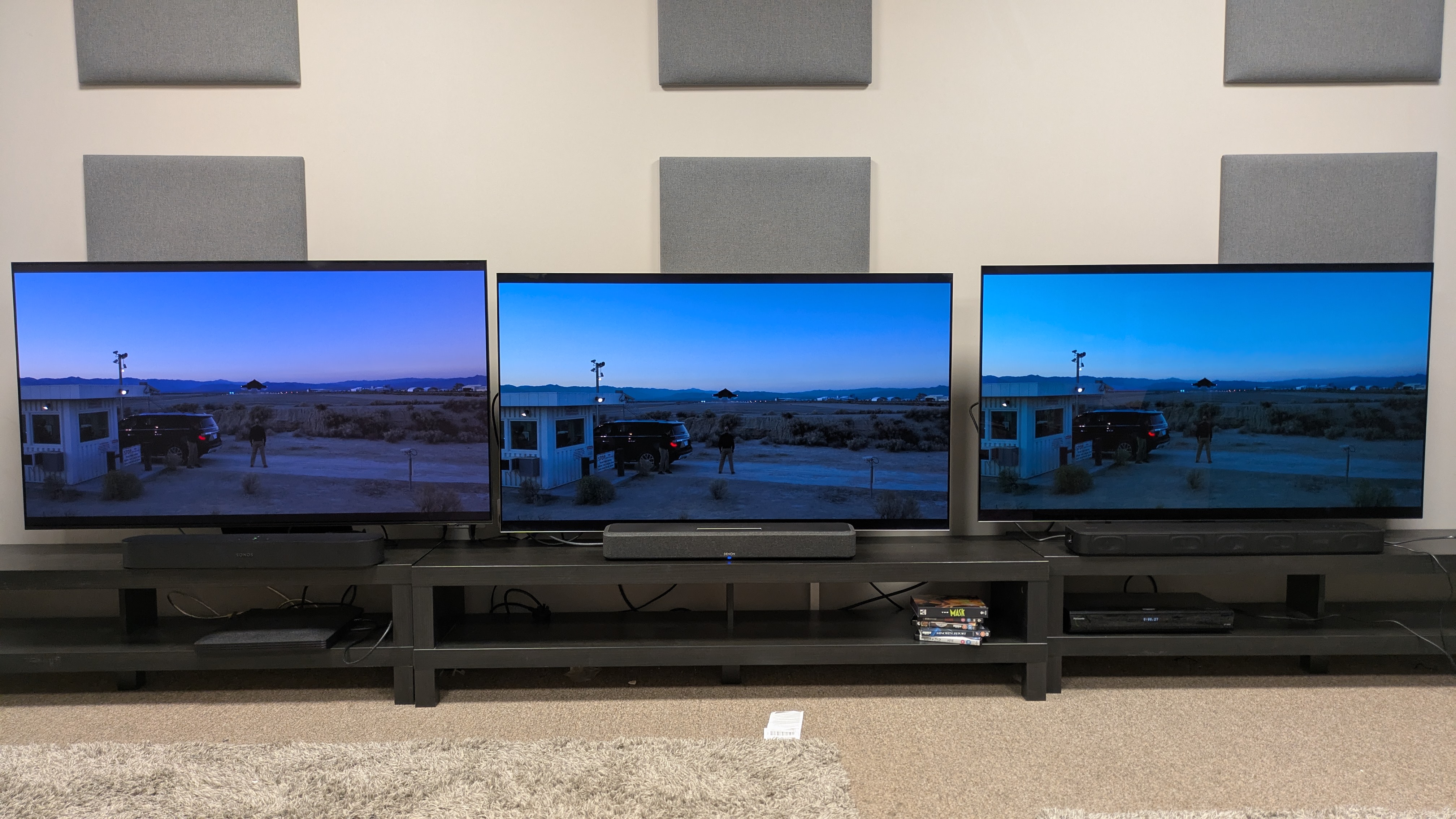 Sonos Beam (Gen 2) (left) under Samsung S95F , Denon Home 550 (middle) under LG G5 and Sony HT-S2000 (right) under LG C5, all showing the Darkstar flying over Admiral Kane from Top Gun: Maverick