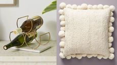 A split image of a gold wine rack on a marble base and a cream jute pom pom cushion. 