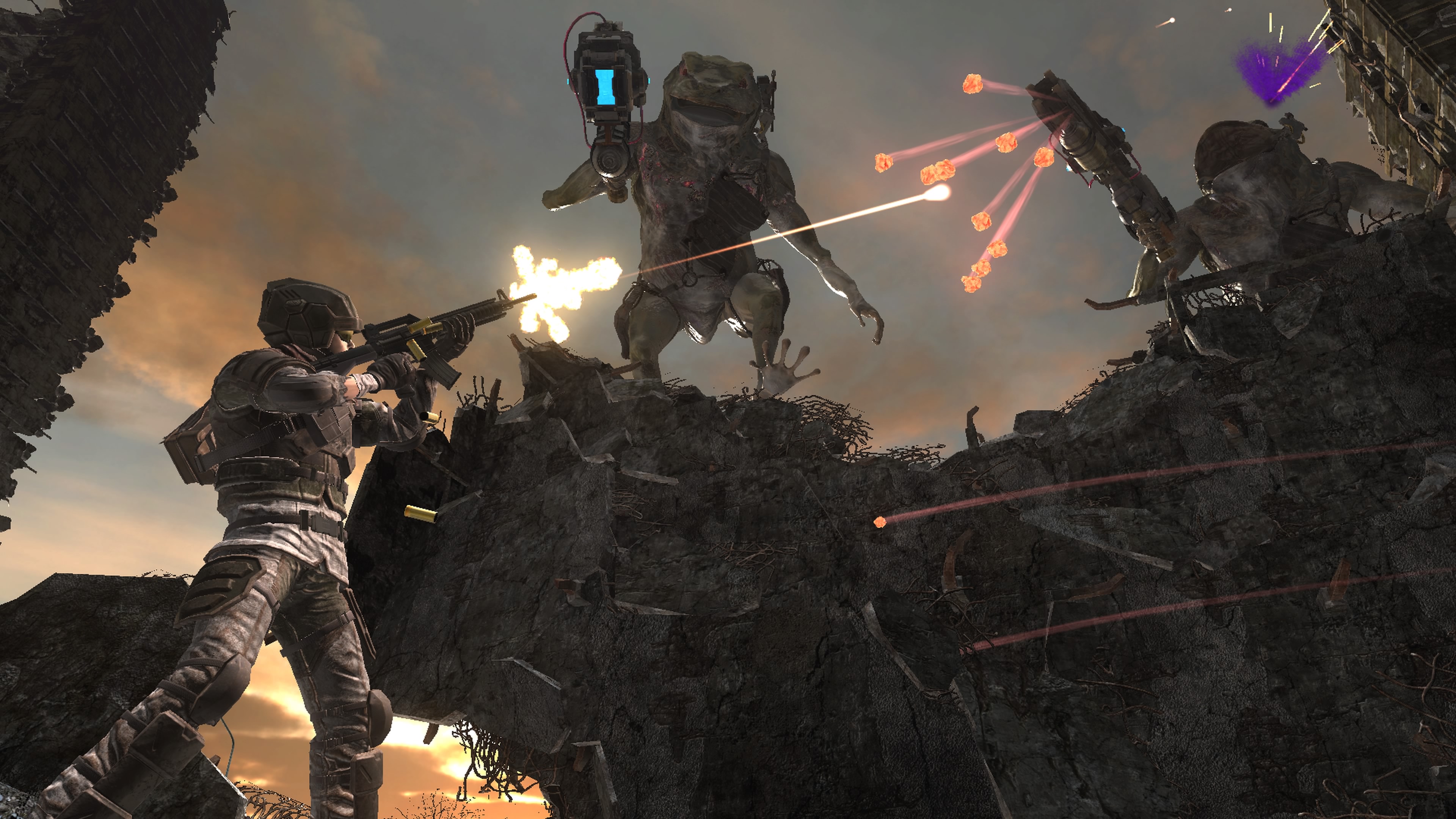 A playable soldier in Earth Defense Force 6 combats a pair of large frog soldiers wielding laser cannons.