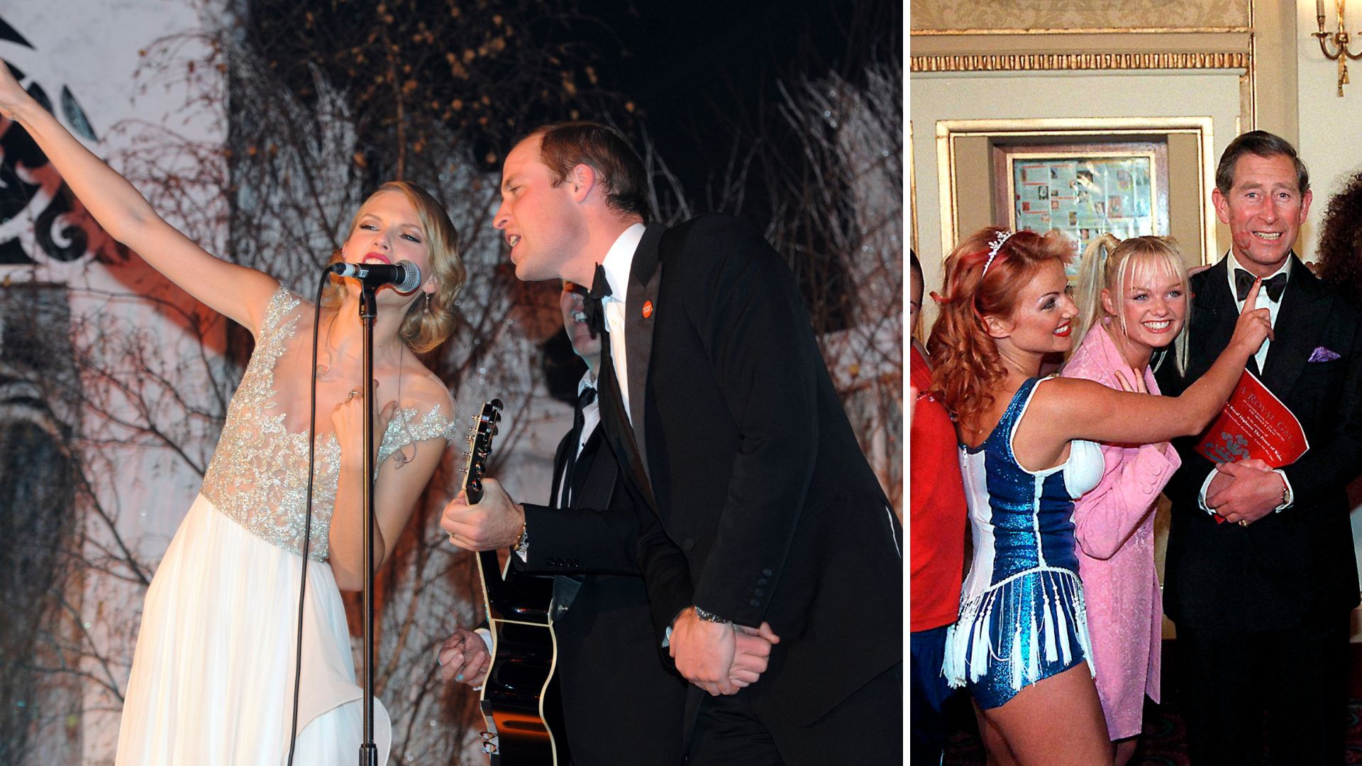L-Taylor Swift singing with Prince William, R-The Spice Girls and King Charles 