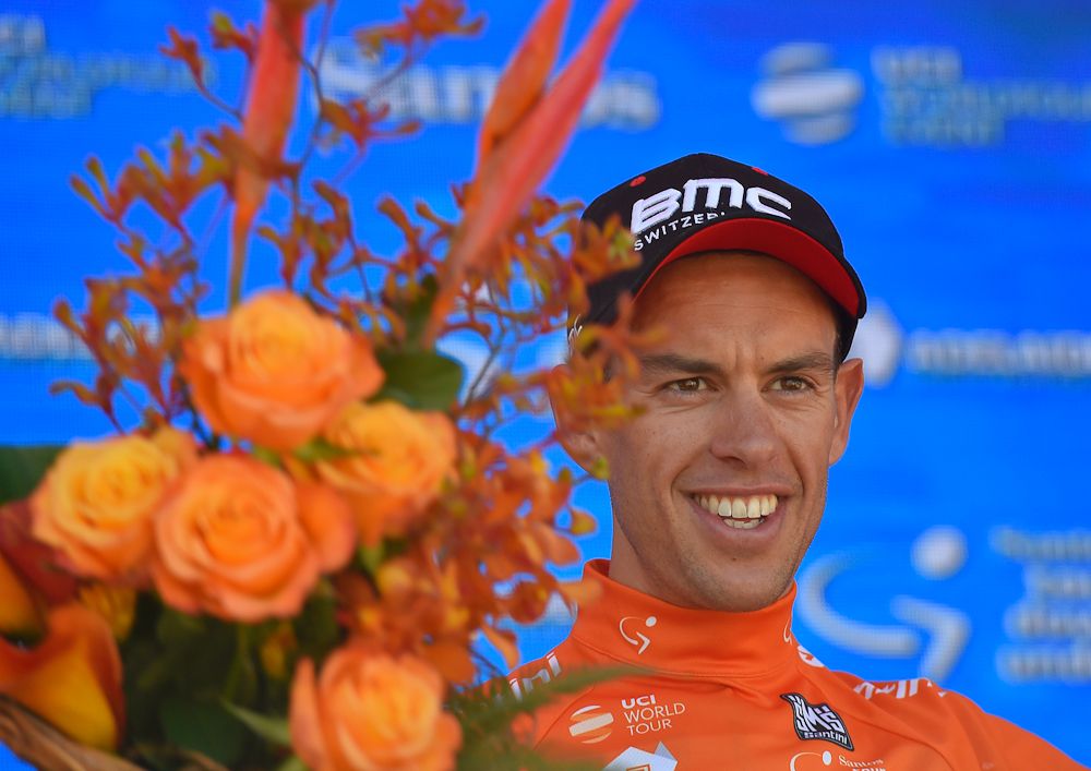 Ricie Porte on the Tour Down Under podium after winning stage 5.