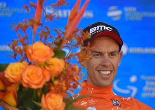 Ricie Porte on the Tour Down Under podium after winning stage 5.