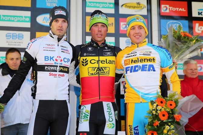 Elite men's final overall Superprestige podium (L-R): Niels Albert, 2nd; Sven Nys, 1st; Tom Meeusen, 3rd