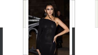 Madison Bailey wears black transparent dress outside Dundas during Paris Fashion Week - Womenswear Fall Winter 2023 2024 : Day Eight on March 06, 2023 in Paris, France.