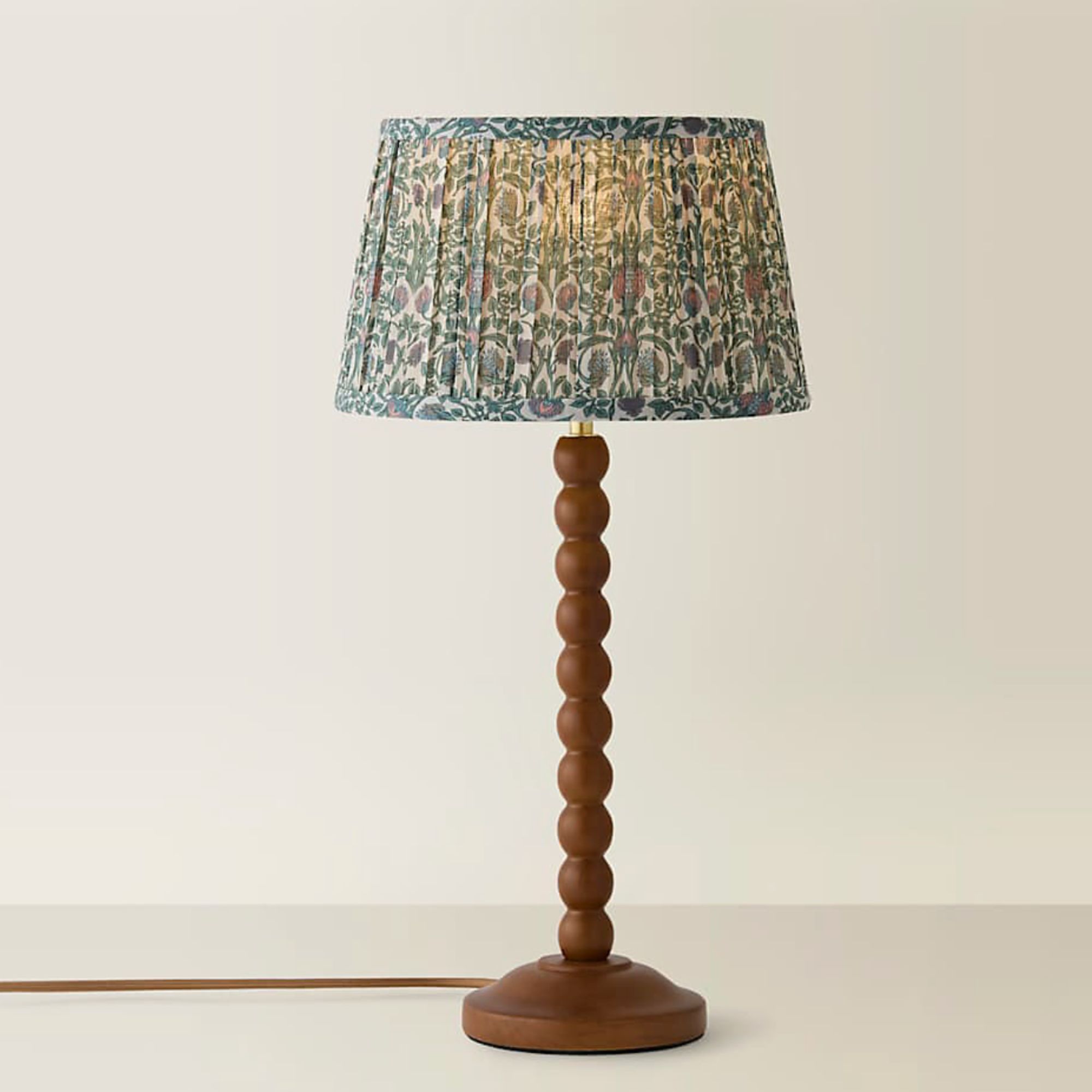 B&amp;amp;Q, ValueLights Bobbin Floral Printed Pleated Shade Walnut Bobble Table Lamp