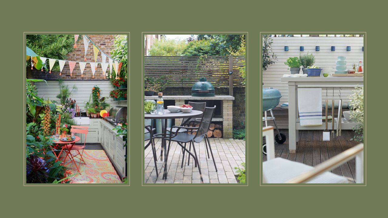 three images of outdoor kitchen ideass on a green background to show inspiration for design ideas