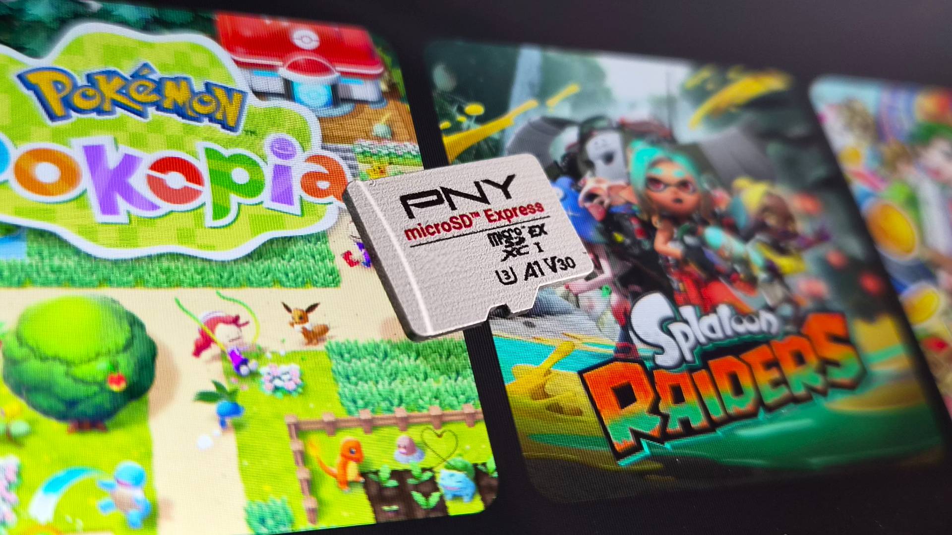 Photo of a PNY Switch 2 SD card sitting on the display of the Ninty console.