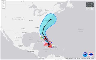 As of Tuesday (Oct. 4) morning, the U.S. National Hurricane Center predicted that Hurricane Matthew might take this course. The map shows which coastal areas are under a hurricane warning (red), hurricane watch (pink), tropical storm warning (purple) and tropical storm watch (yellow). The blue is the potential several-day track.
