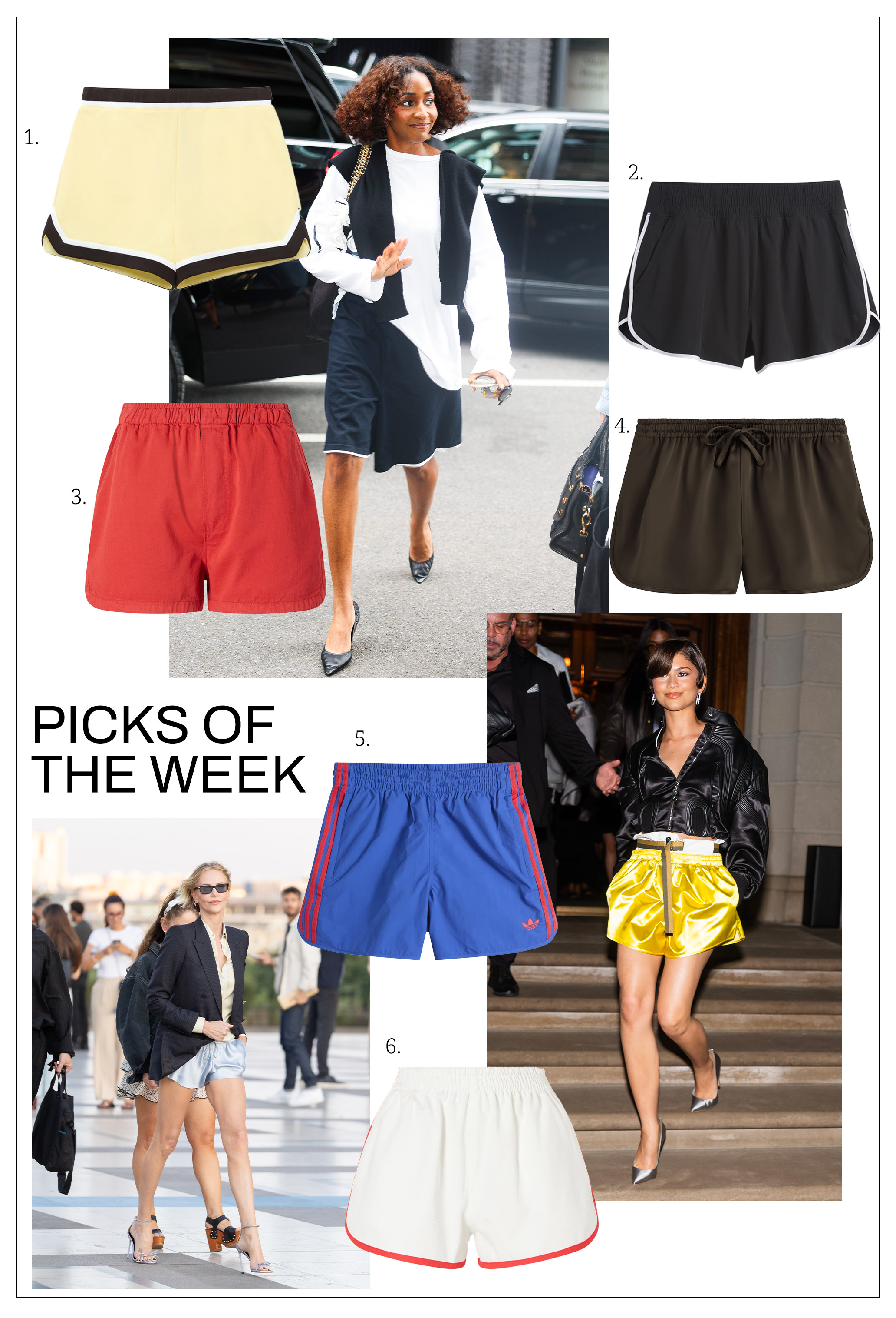 Collage of celebrities wearing the track shorts trend.