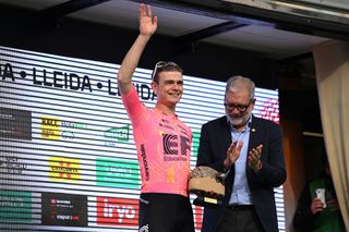 LLEIDA SPAIN MARCH 21 Marijn van den Berg of The Netherlands and Team EF EducationEasyPost celebrates at podium as stage winner during the 103rd Volta Ciclista a Catalunya 2024 Stage 4 a 1692km stage from Sort to Lleida UCIWT on March 21 2024 in Lleida Spain Photo by David RamosGetty Images