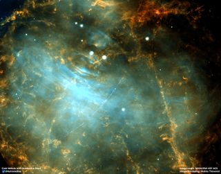 While capturing an image of the Crab Nebula, the Hubble Space Telescope inadvertently also caught a view of an asteroid in our solar system passing across the foreground. The Crab Nebula is a supernova remnant located approximately 6,300 light-years from Earth in the constellation of Taurus, the Bull. An asteroid, designated 2001 SE101, can be seen streaking across the frame from the bottom left toward the top right of the image. Citizen scientist Melina Thévenot from Germany discovered the asteroid photobomb in this 2005 Hubble image as part of the European Space Agency's "Hubble Asteroid Hunter" citizen science project.