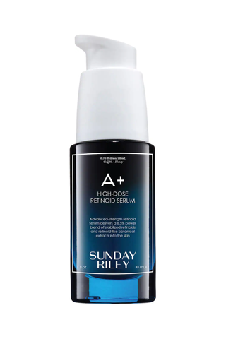 A bottle of Sunday Riley A+ High Dose Retinoid Serum against a white background.