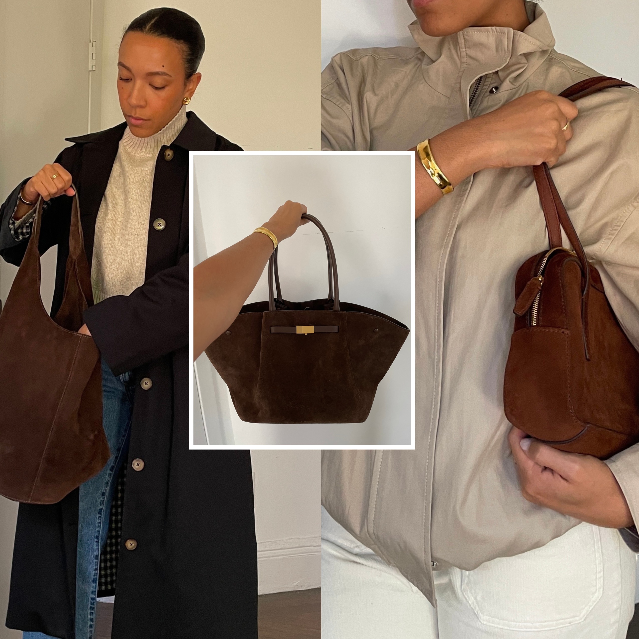collage of Lauren Tappan carrying brown suede bags 