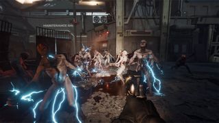 Killing Floor 3 screenshot which shows how electric mods for weapons can crowd control large groups of enemies all at once