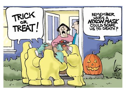 Editorial cartoon Halloween Ebola suits