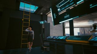 Cyberpunk 2077: Elizabeth Peralez stands in a hidden room with monitoring equipment, with her hand pressed to her forehead in discomfort