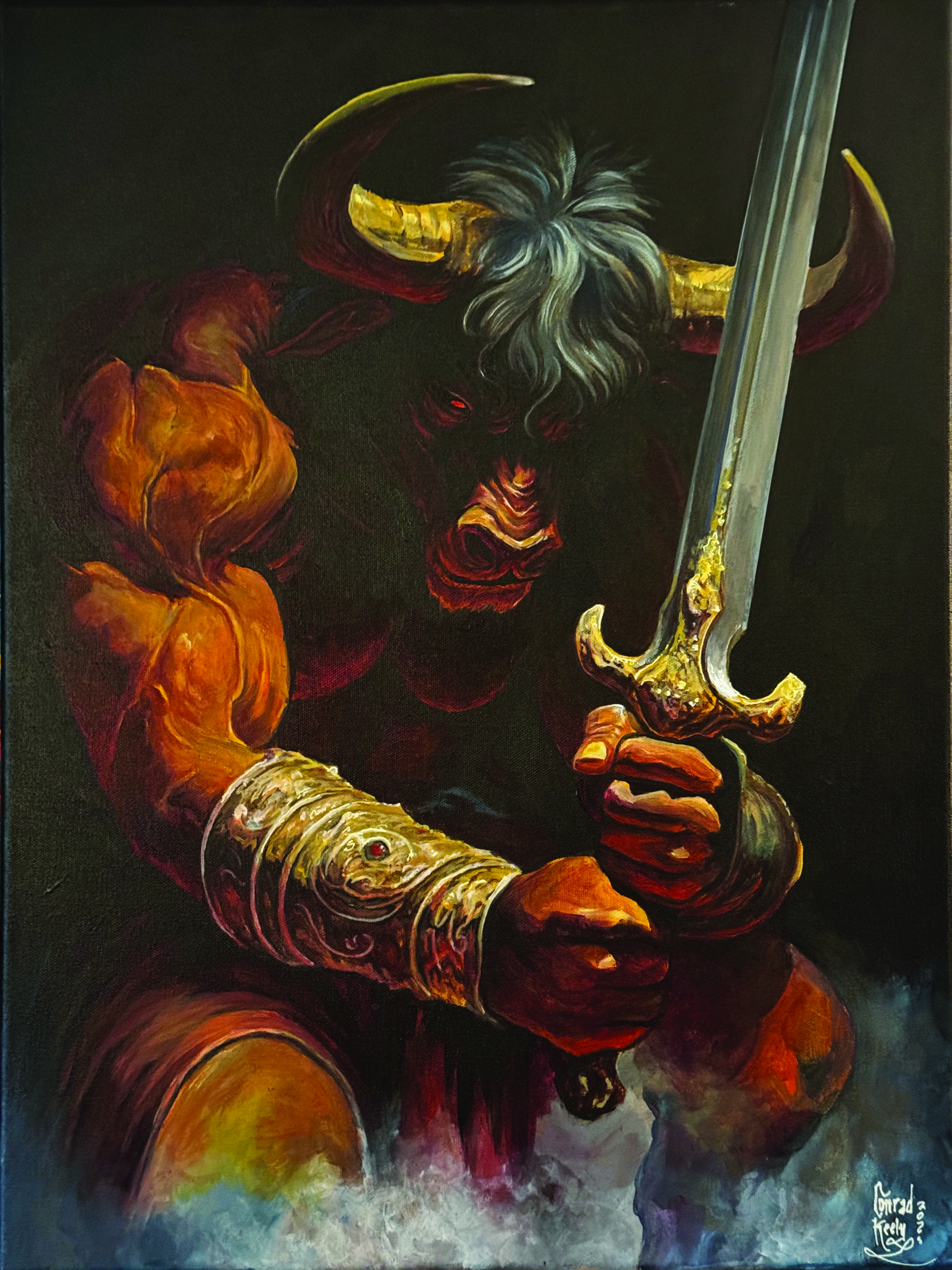 Fantasy art showing a minotaur with a sword