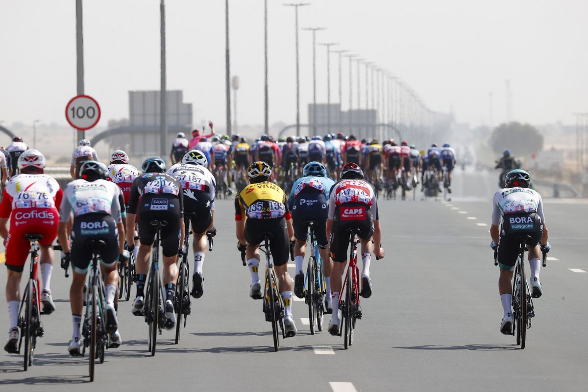 UAE Tour 2021 3rd Edition 6th stage Deira Island Palm Jumeirah 165 km 26022021 Scenery Echelon photo Luca BettiniBettiniPhoto2021