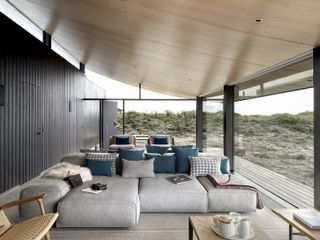 a grey and blue living room