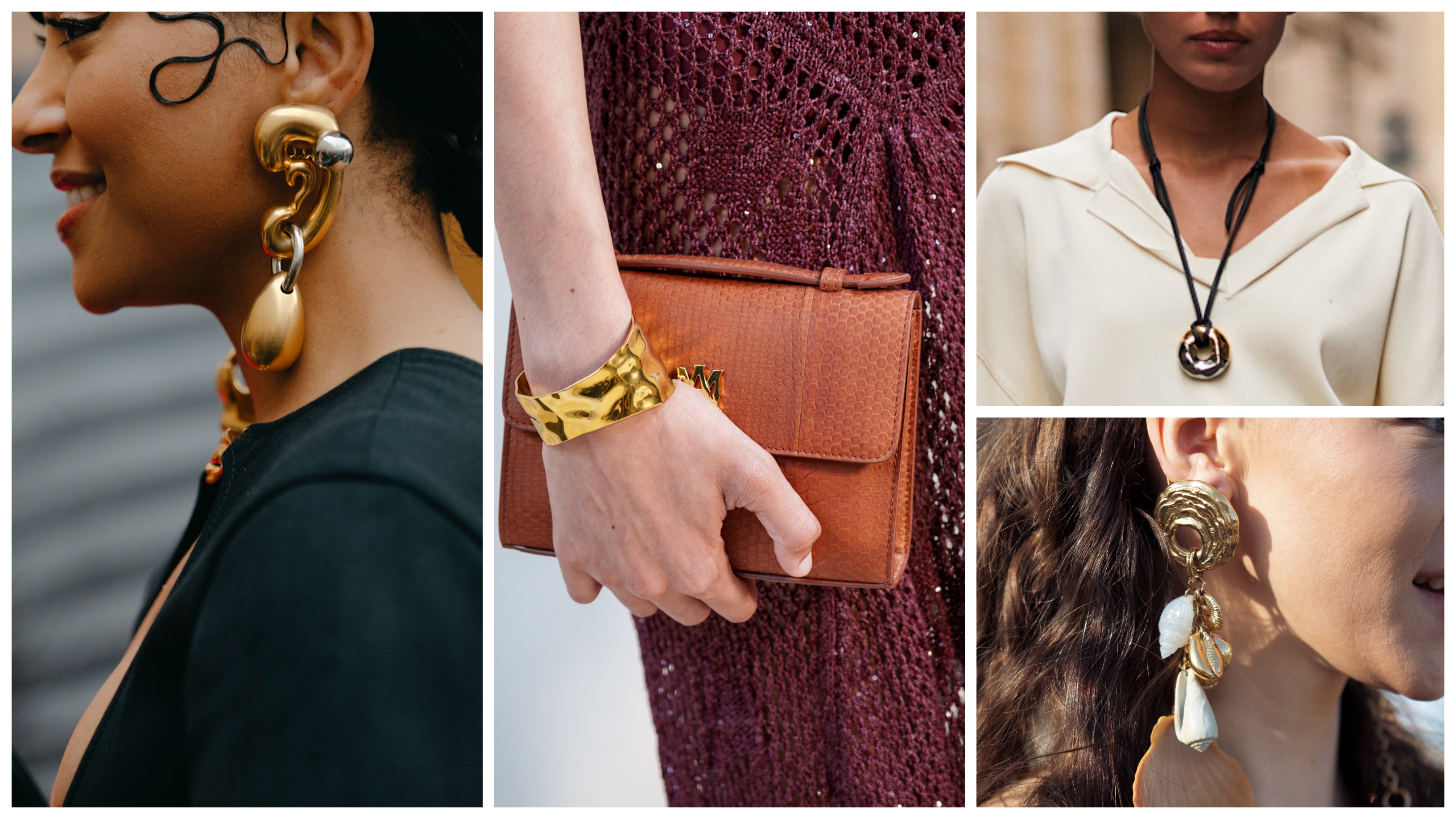 collage of women wearing summer 2025 jewelry trends like two-tone earrings, cuff bracelets, seashell jewelry, and cord necklaces 